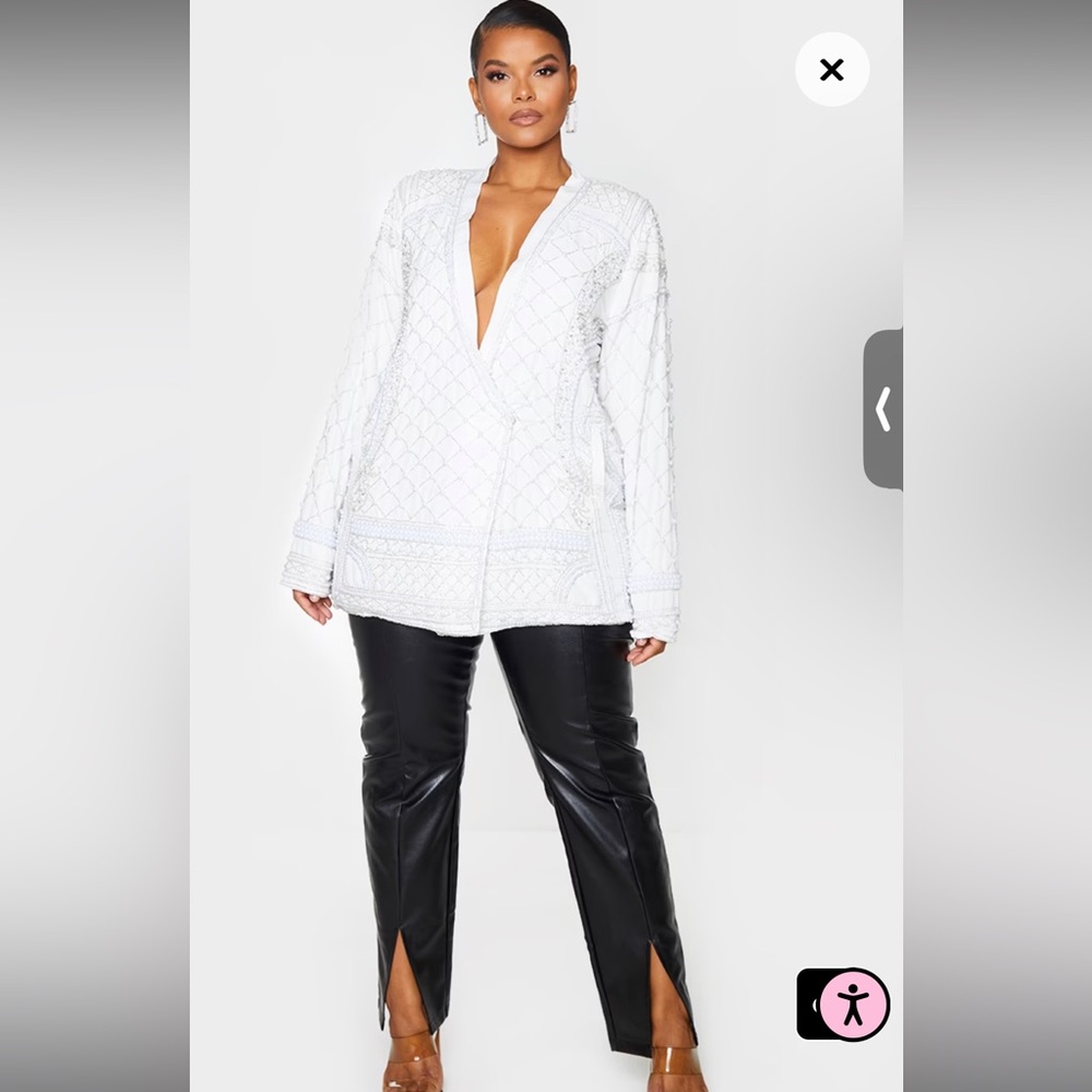 Plus White Premium Embellished Beaded Oversized Blazer PLT